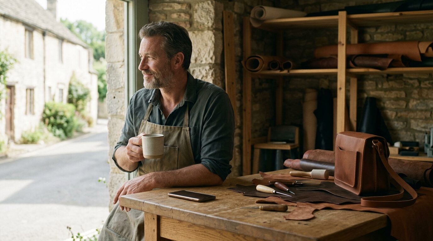 Un maroquinier fait une pause café dans son atelier, téléphone retourné sur l’établi.