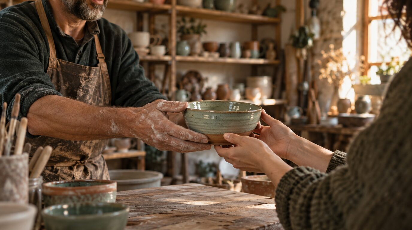 Un artisan tend une pièce faite main directement à une cliente, dans son atelier.