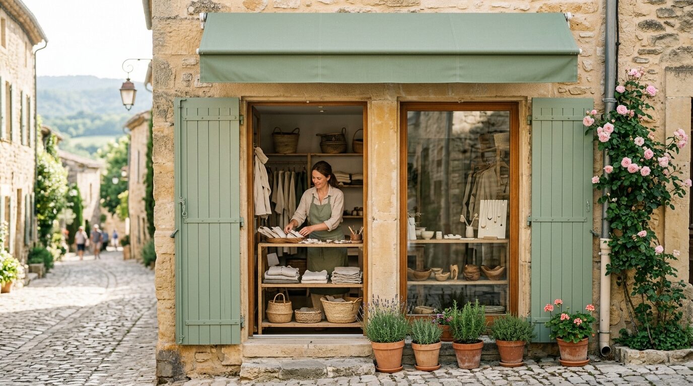 Étagère d’atelier en bois brut, pièces faites main en lumière douce.