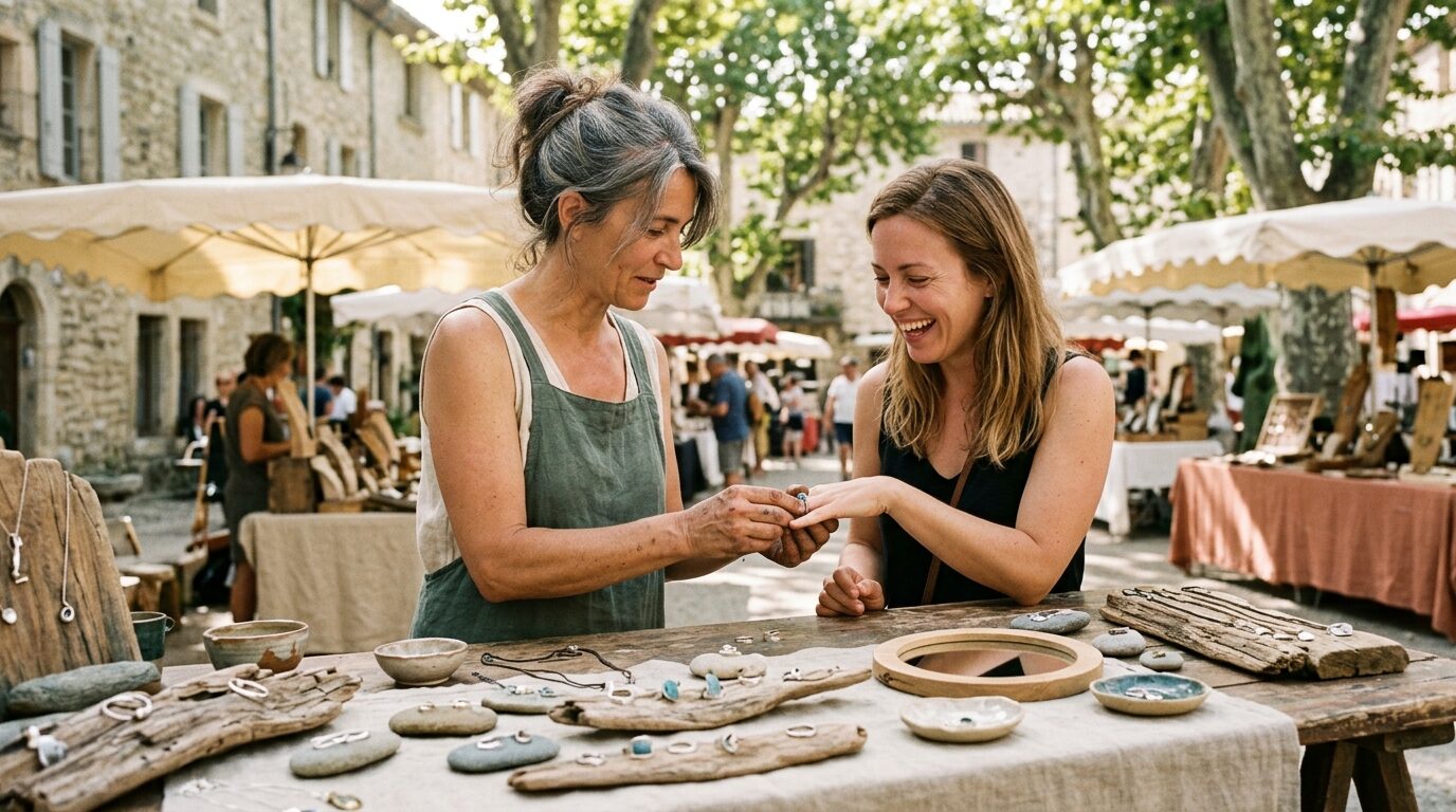 Sur un marché d’artisans, une créatrice de bijoux fait essayer une bague à une cliente.